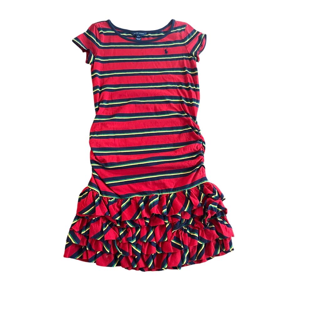 NWT Polo Ralph Lauren Red Blue Stripped Ruffle Party Dress-Size Large